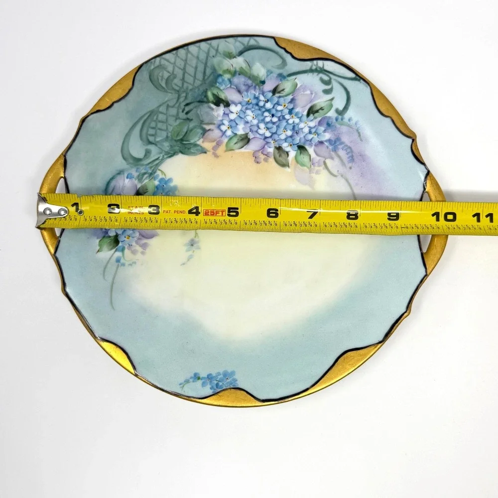 Antique Hand Painted Porcelain Cake Plate Floral Gold Handles Germany 10.5